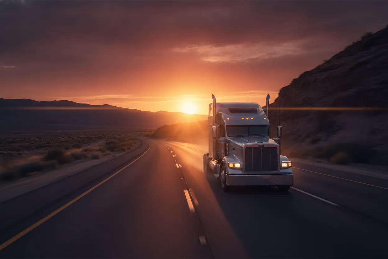 Modern semi-truck driving on an open highway at dusk