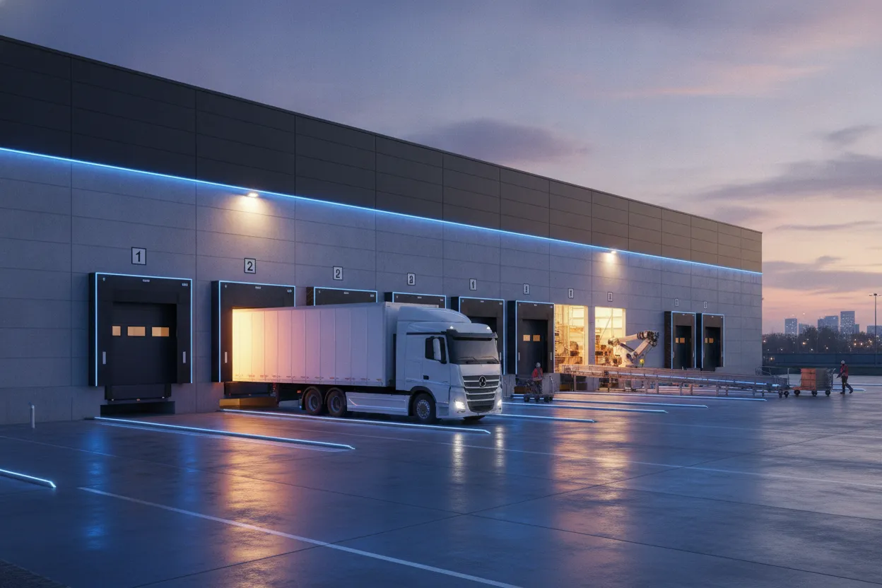 Modern logistics warehouse loading dock at twilight